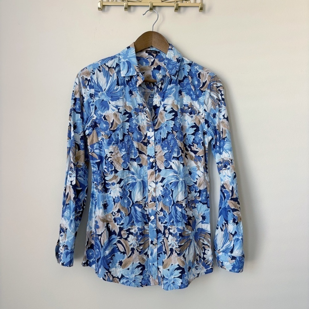 J. McLaughlin Blue Floral Lois Button Front Shirt XS Preppy Summer